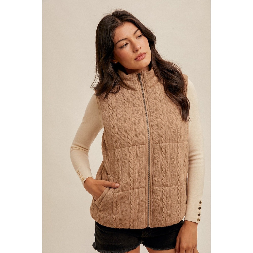 Hem & Thread Womens Cable Knit Quilted Zip Up Puffer Vest Tan Camel Large NWT